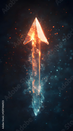 An arrow pointing upwards, made of glass, glowing and shining with light effects
