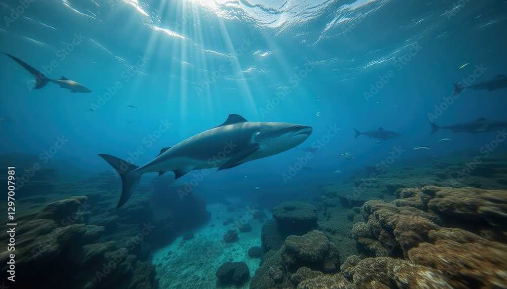 Fototapeta premium Majestic shark swimming gracefully among coral reefs under the radiant sunlight