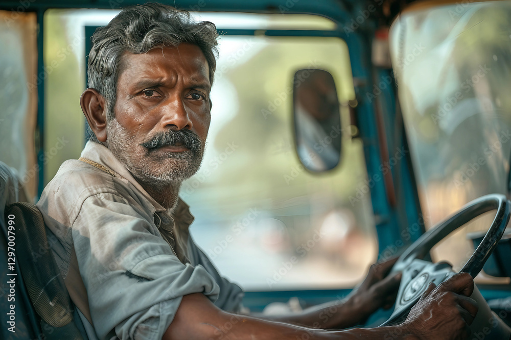 Generative AI image of a thoughtful truck driver in a cabin, portraying the life of a long-haul driver Generative AI image of a thoughtful truck driver in a cabin, portraying the life of a long-haul driver