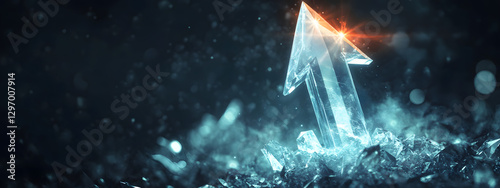 An arrow pointing upwards, made of glass, glowing and shining with light effects
