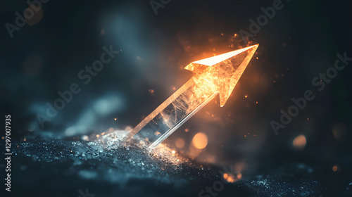 An arrow pointing upwards, made of glass, glowing and shining with light effects
