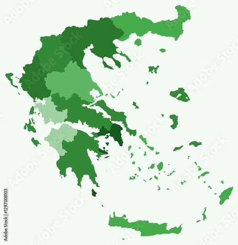 Map of Greece with regions. A simple country border map with region division. Green color palette. Flat Hellenic Republic shape with administrative division. Vector illustration.
