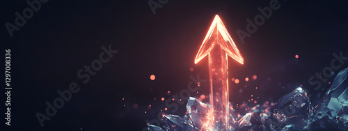 An arrow pointing upwards, made of glass, glowing and shining with light effects
