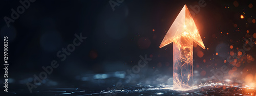 An arrow pointing upwards, made of glass, glowing and shining with light effects
