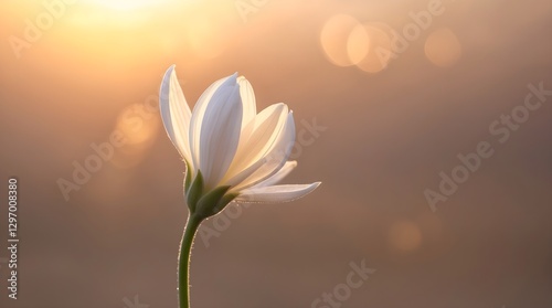 A delicate, pure white flower bud, against a soft, warm sun background, space for copy