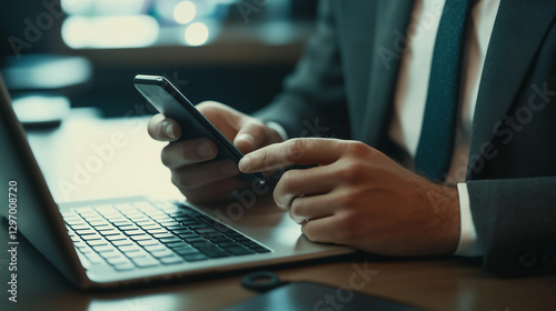 Empresário de terno com celular nas mãos. Homem digitando mensagem e verificando notícias do mercado financeiro.