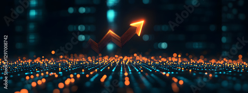 An arrow pointing upwards, made of glass, glowing and shining with light effects
