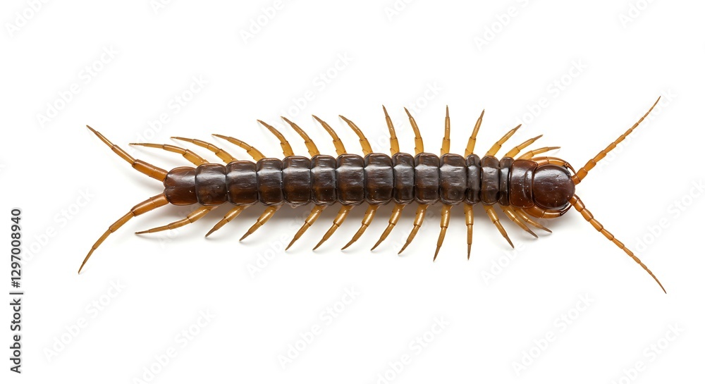 A top-down view of a centipede with numerous legs extending from its segmented body, isolated on a white background A top-down view of a centipede with numerous legs extending from its segmented body, isolated on a white background
