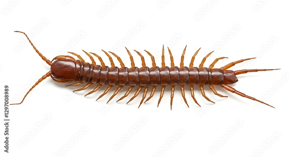 A top-down view of a centipede with numerous legs extending from its segmented body, isolated on a white background A top-down view of a centipede with numerous legs extending from its segmented body, isolated on a white background