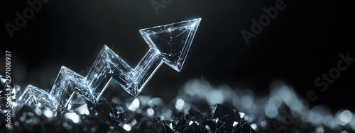 An arrow pointing upwards, made of glass, glowing and shining with light effects
