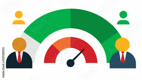 Risk Assessment An illustration of a financial advisor using a risk meter with the affluent client evaluating their risk tolerance. Bright green on one end indicates low risk and