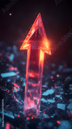 An arrow pointing upwards, made of glass, glowing and shining with light effects
