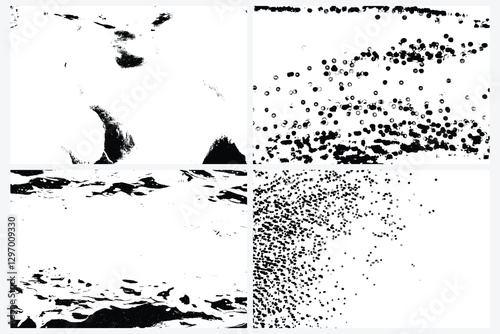 Grunge set of distress random dirt paint ink stains smudge background overlay. Black particle and liquid dirt random distribution texture. Splatter background. Grunge dust paint splats.