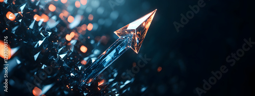 An arrow pointing upwards, made of glass, glowing and shining with light effects
