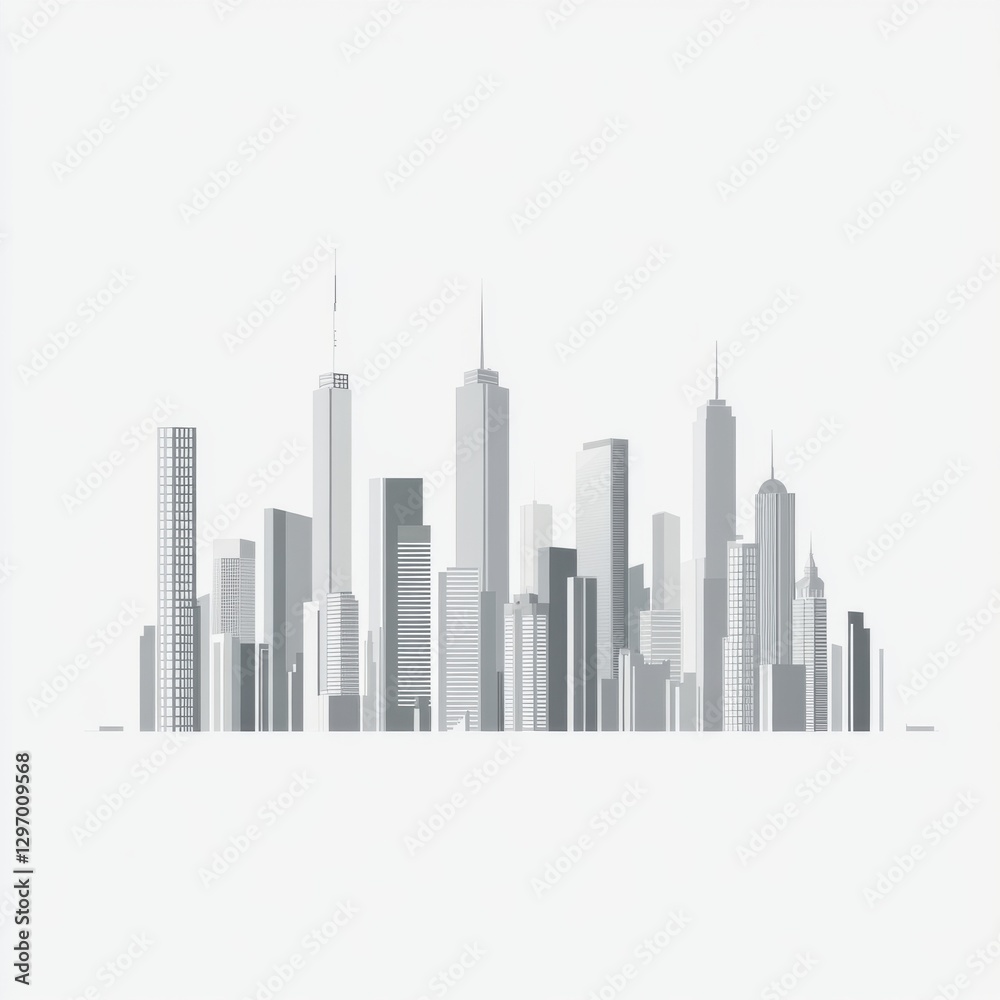 A sleek grayscale skyline silhouette showcasing modern skyscrapers. A sleek grayscale skyline silhouette showcasing modern skyscrapers.
