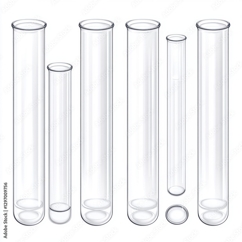A collection of transparent test tubes in various sizes arranged on a white background. A collection of transparent test tubes in various sizes arranged on a white background.