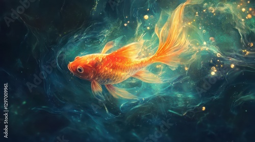 A vibrant orange fish swimming in luminous teal colored water