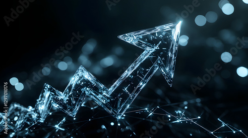 An arrow pointing upwards, made of glass, glowing and shining with light effects
