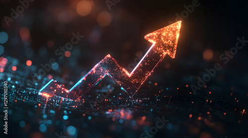 An arrow pointing upwards, made of glass, glowing and shining with light effects
