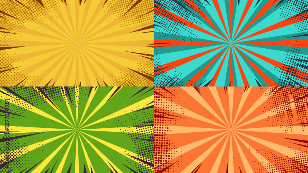 Vector illustration. Funny striped horizontal background with halftone dots. Retro comic empty colorful wallpapers set. Pop art style. Design element for website tempalte, web banner