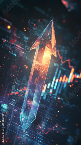An arrow pointing upwards, made of glass, glowing and shining with light effects
