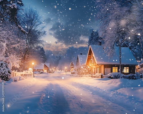 Snowy Evening Village Scene photo