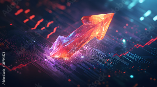 An arrow pointing upwards, made of glass, glowing and shining with light effects
