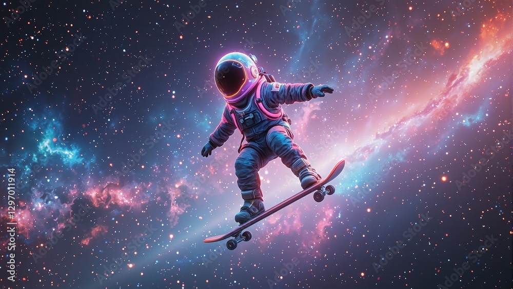 Naklejka premium Explore the cosmos with a space explorer riding a cosmic surfboard among glowing nebulae and twinkling stars in this 3D scene