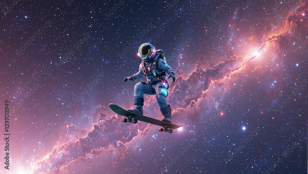 Naklejka premium Explore the cosmos with a space explorer riding a cosmic surfboard among glowing nebulae and twinkling stars in this 3D scene