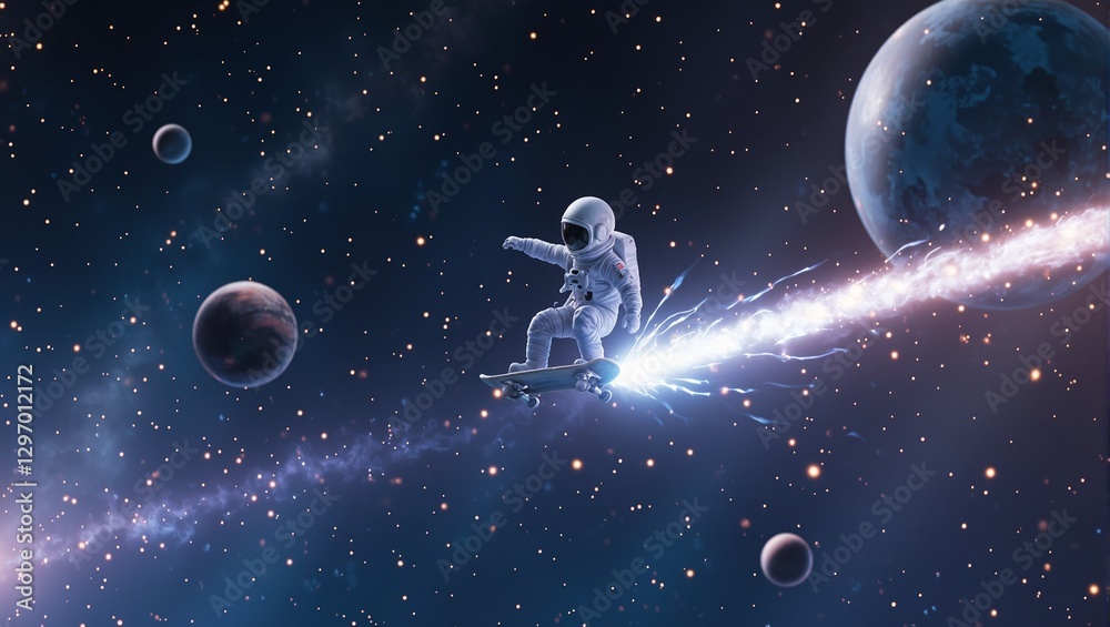 Fototapeta premium Explore the cosmos with a tiny astronaut on a cosmic skateboard gliding through planets with mesmerizing light trails