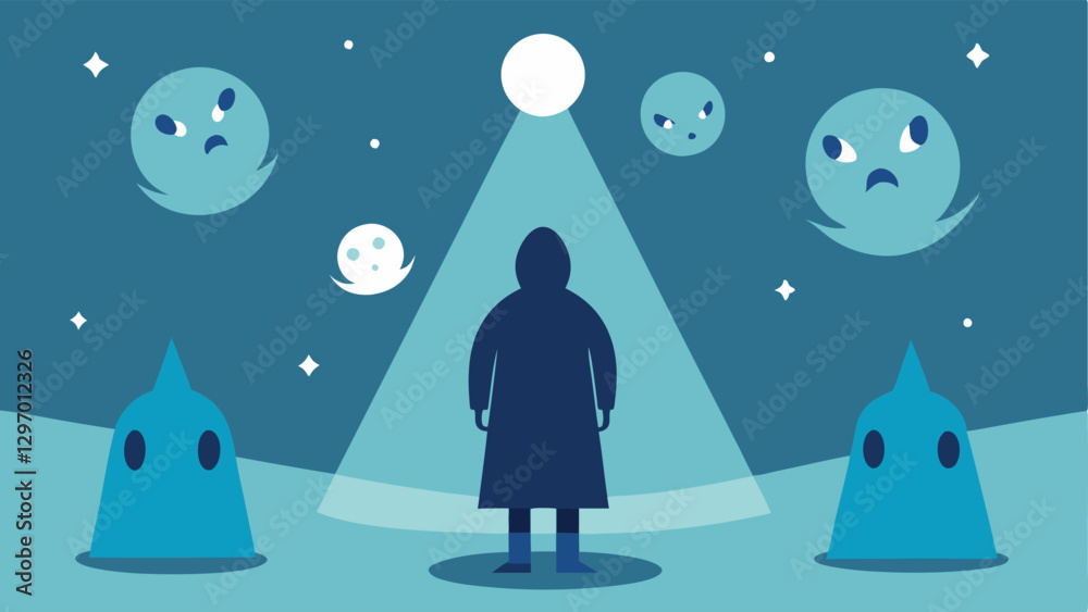Obraz premium Whispers of Memories A figure surrounded by swirling ghostlike shapes representing intrusive memories while they are focused on a bright light ahead symbolizing hope.