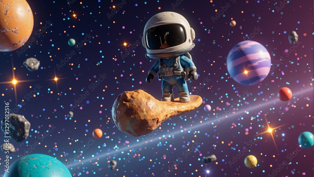 Naklejka premium Adventurous space explorer riding a comet through a dazzling asteroid belt with vivid planets and twinkling stars Epic 3D animation