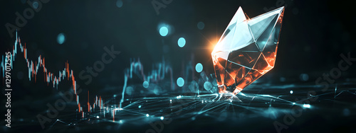 An arrow pointing upwards, made of glass, glowing and shining with light effects
