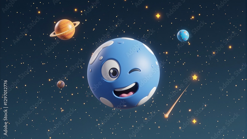 Naklejka premium Explore this playful 3D planet model with a charming cartoon face winking in space surrounded by glowing planets and shooting stars
