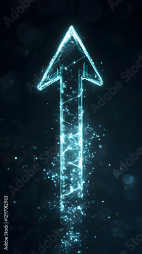 An arrow pointing upwards, made of glass, glowing and shining with light effects
