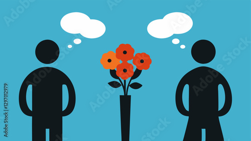 Two Silhouettes Two human silhouettes standing apart one holding a bouquet nervously with a thought bubble containing a question mark over their head representing fear of how the
