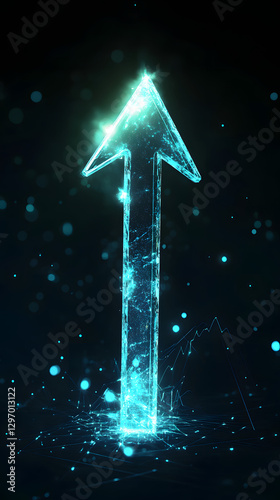 An arrow pointing upwards, made of glass, glowing and shining with light effects
