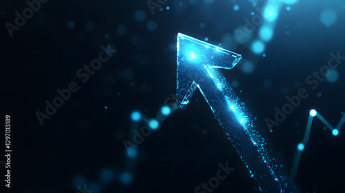 An arrow pointing upwards, made of glass, glowing and shining with light effects
