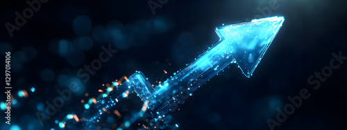 An arrow pointing upwards, made of glass, glowing and shining with light effects
