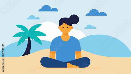 Visualization Technique An illustration showing a person sitting quietly with closed eyes imagining a peaceful beach scene with soft waves and palm trees conveying relaxation and