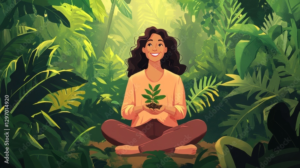 Fototapeta premium Smiling woman in a lush green forest planting a small tree while sitting cross-legged on the ground