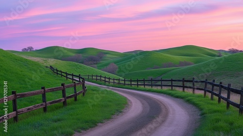 Dreamy Countryside Scene with Narrow Dirt Road Under Pink Sky