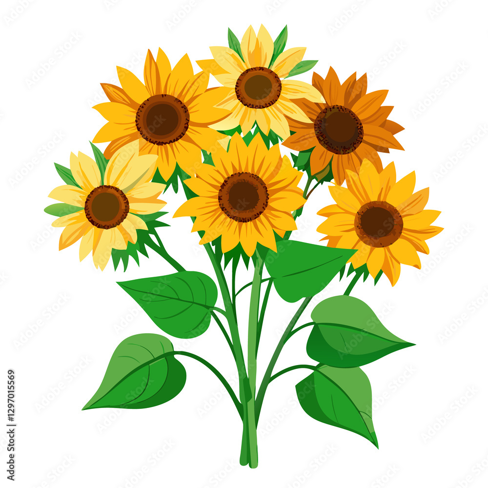 Obraz premium Sunflower Bouquet Vector Art – Fresh Blooms, Green Stems & Botanical Elegance on White Background, Sunflower Bouquet Vector – Fresh Blooms & Green Stems, Botanical Sunflower Art – Bouquet 