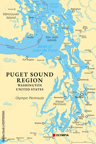 Puget Sound region, U.S. state of Washington, political map. Coastal area of ​​Pacific Northwest, including Puget Sound, its basins and lowlands, between Olympic Peninsula and Cascade Range.