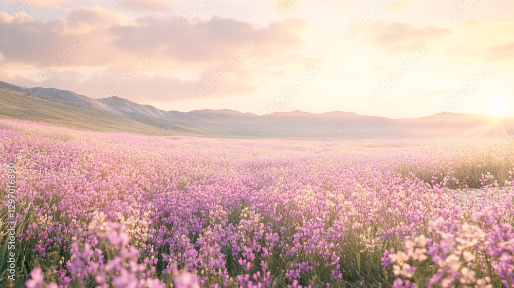 Naklejka premium Serene sunset landscape with blooming purple flower meadow sky calm pink field hills light image