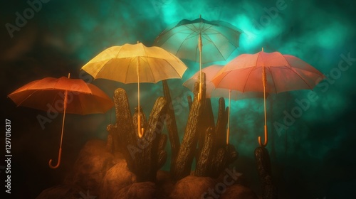 group of floating umbrellas hovering above strange organic shapes in moody teal haze dramatic lighting copyspace concept of fashion, art, creative marketing