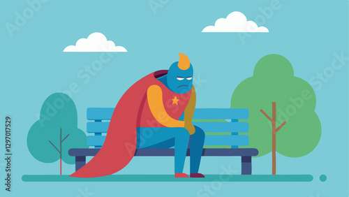 Tired Superhero A superhero character with a creased cape and tired eyes sitting on a park bench illustrating that even those who take on responsibilities for others need a break.