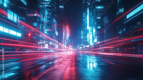 A futuristic cityscape with glowing lights and speeding streaks of light