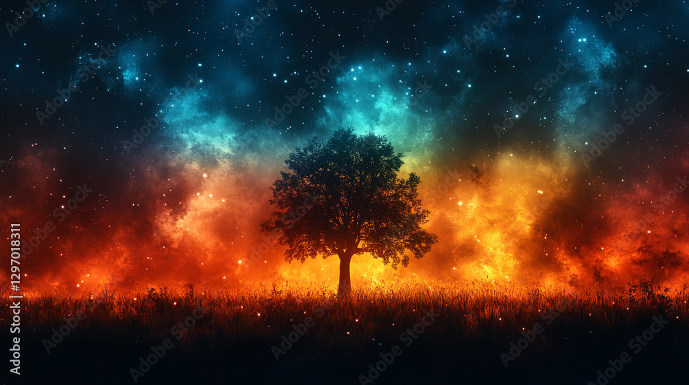 Fototapeta premium A tree silhouette stands in the center of a glowing field, with vibrant auroras filling the sky, symbolizing harmony between nature and the beauty of the cosmos
