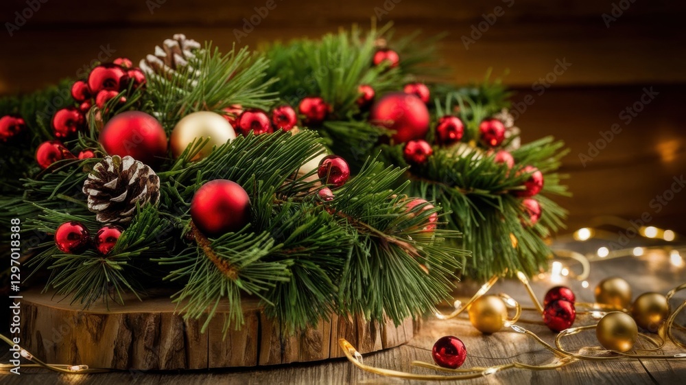 Festive photo of fir branches decorated with red and gold balls and cones. A Christmas-themed photo with a place for the text. Festive photo of fir branches decorated with red and gold balls and cones. A Christmas-themed photo with a place for the text.